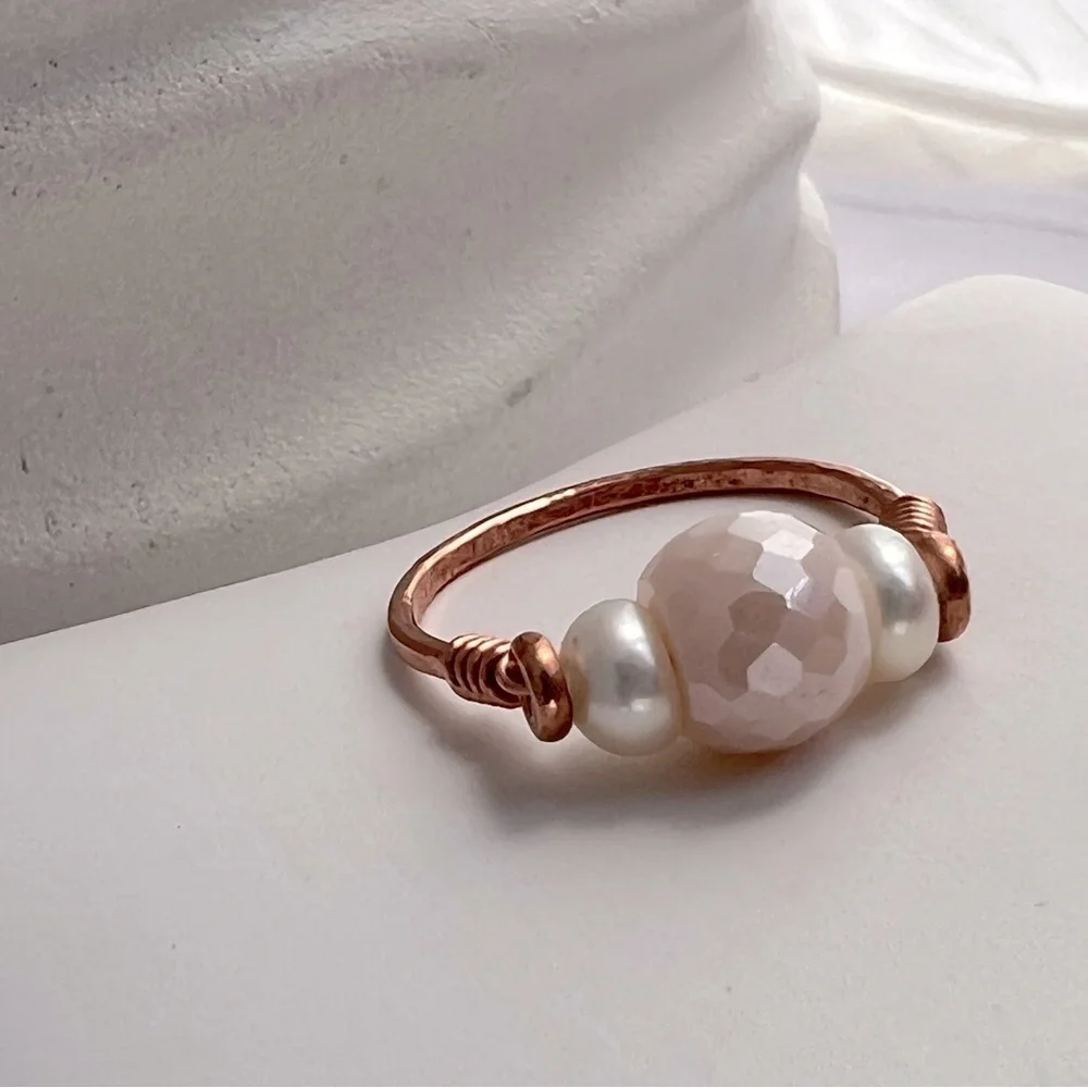 Freshwater Pearls & Pink Glass Beaded Copper Ring